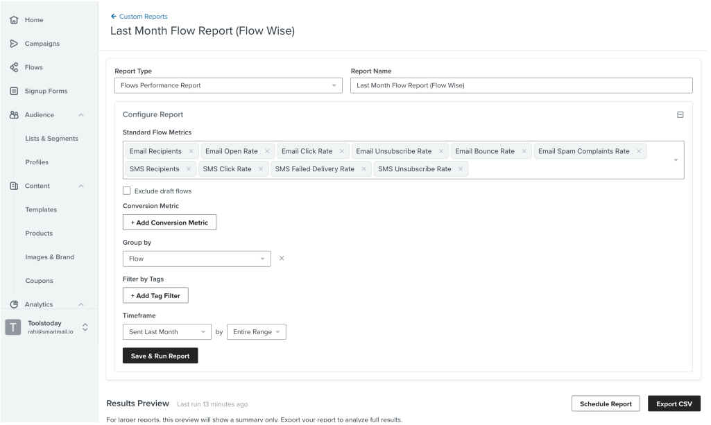 Klaviyo custom report setup for last month flow performance by flow
