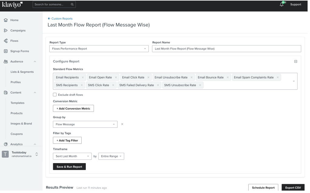 Klaviyo custom report setup for last month performance by flow message