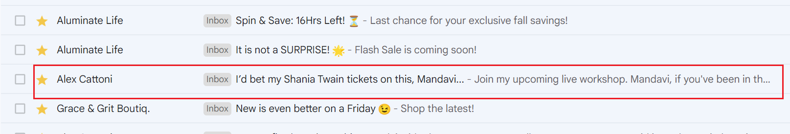 Gmail inbox with Aluminate Life subject line saying it is not a surprise, highlighted