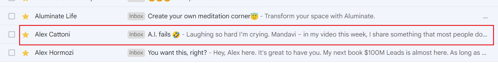Gmail inbox with Alex Cattoni curiosity subject line about A.I. fails, highlighted