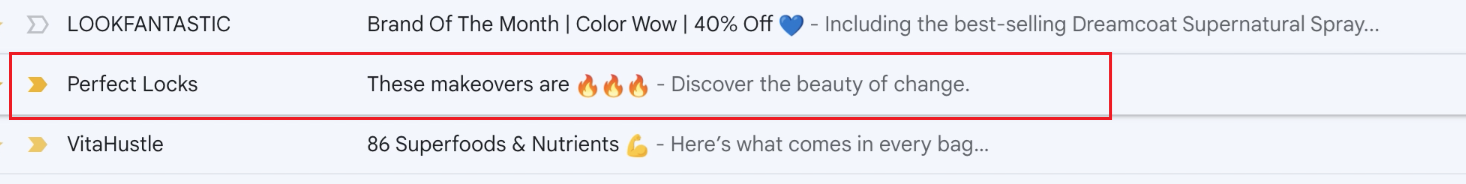 Gmail inbox with Perfect Locks subject line using emojis, These makeovers are fire