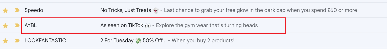 Gmail inbox with AYBL subject line using an emoji, As seen on TikTok