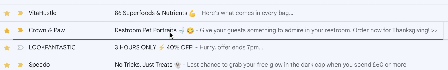 Gmail inbox with Crown and Paw short subject line about restroom pet portraits