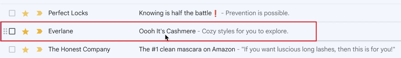 Gmail inbox with Everlane short subject line, Oooh Its Cashmere