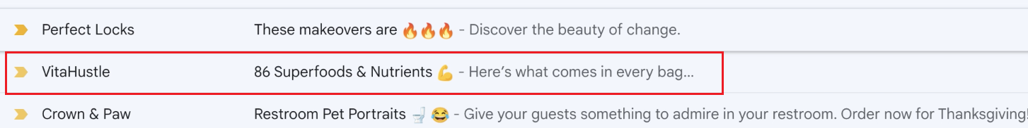 Gmail inbox with VitaHustle subject line using the number 86 superfoods and nutrients