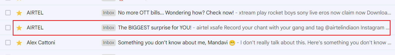 Gmail inbox with Airtel subject line, highlighted as a benefit and offer hook
