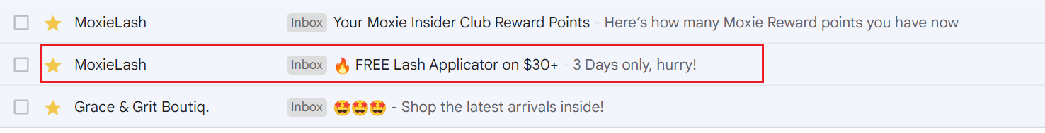 Gmail inbox with MovieLash subject line offering a free lash applicator on $30 plus