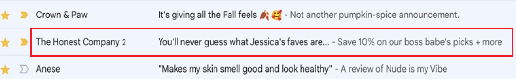 Gmail inbox with The Honest Company subject line using a first name feel, highlighted