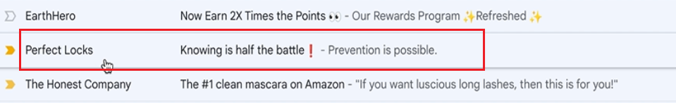 Gmail inbox with Perfect Locks subject line, Knowing is half the battle, highlighted