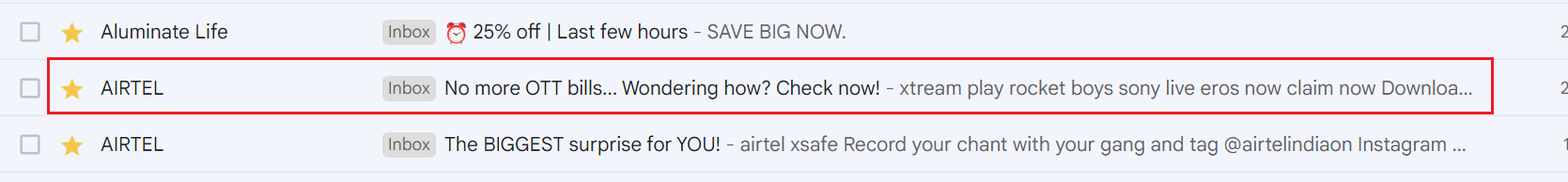 Gmail inbox with Airtel email subject line posing a question, highlighted in red