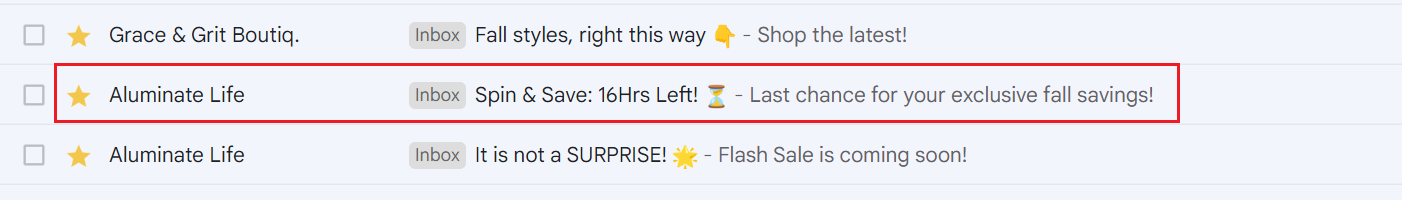 Gmail inbox with Aluminate Life subject line, Spin and Save with 16 hours left