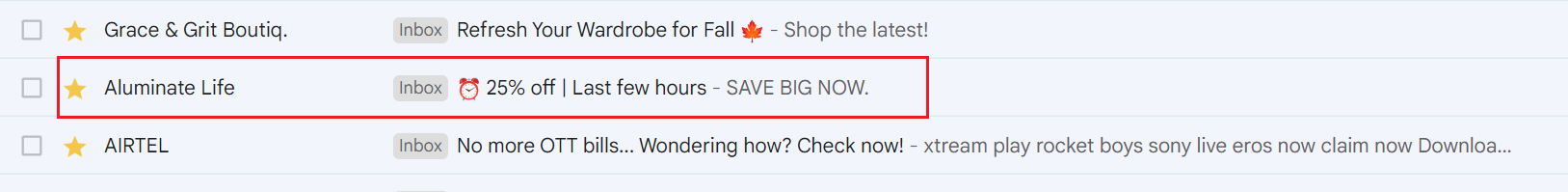Gmail inbox with Aluminate Life subject line, 25% off and last few hours