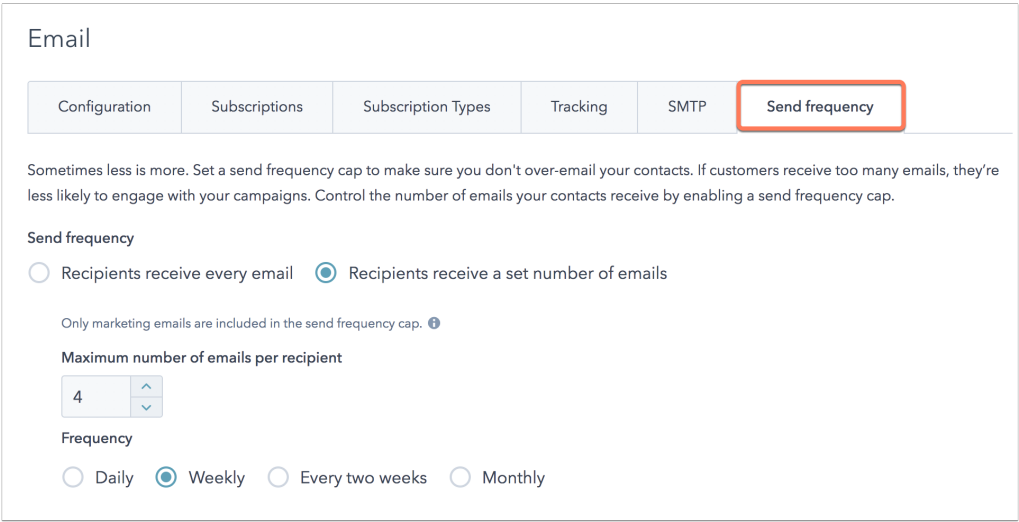 Email send frequency cap set to 4 emails per recipient each week