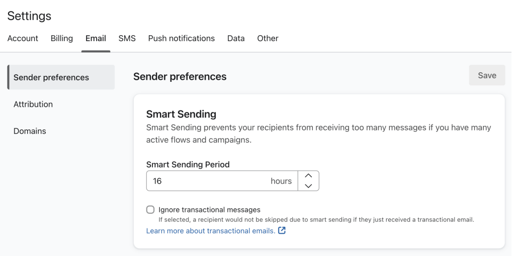 Klaviyo email Smart Sending period set to 16 hours
