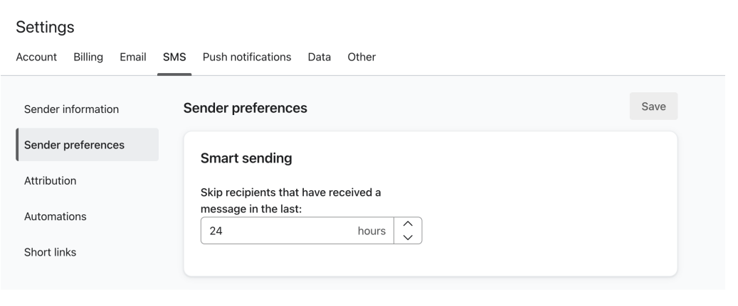 Klaviyo SMS Smart Sending set to skip recipients messaged in the last 24 hours
