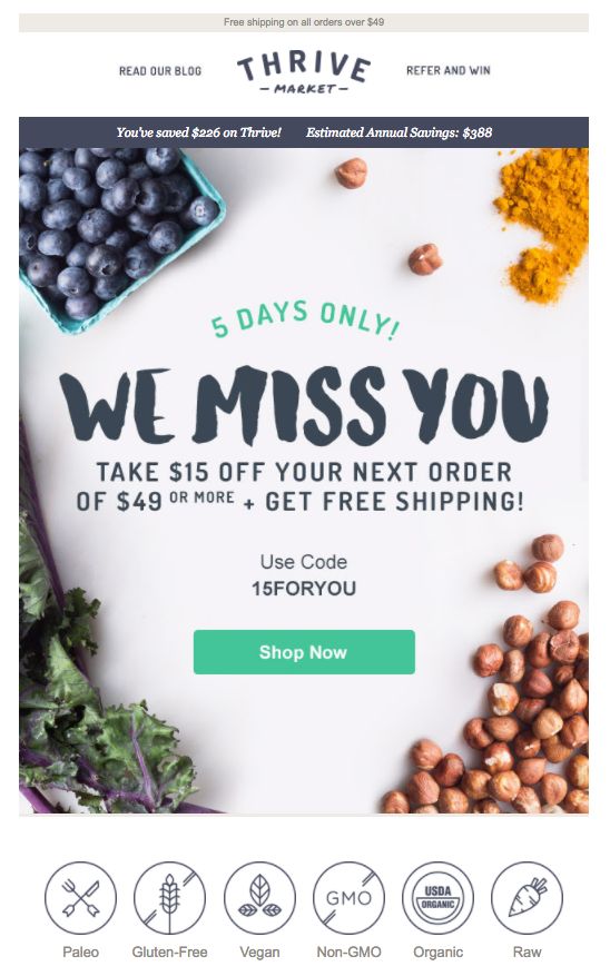 Thrive Market we miss you email with 15 dollars off and free shipping