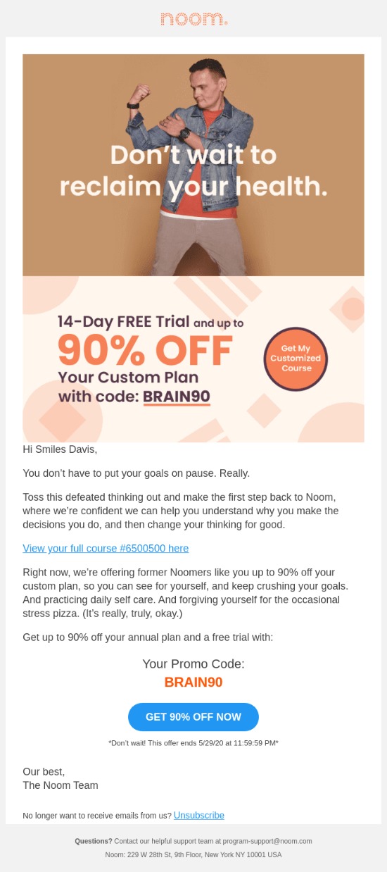 Noom winback email with up to 90% off a custom plan