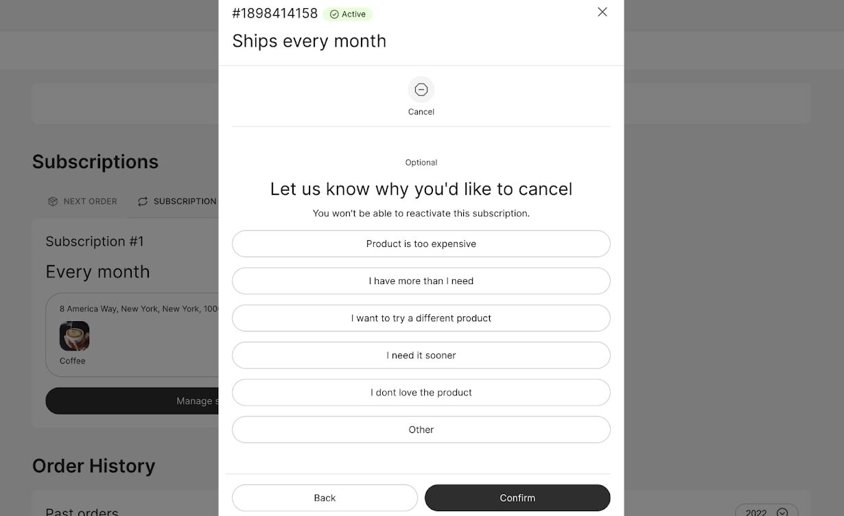 Smartrr subscription cancel flow asking why you would like to cancel