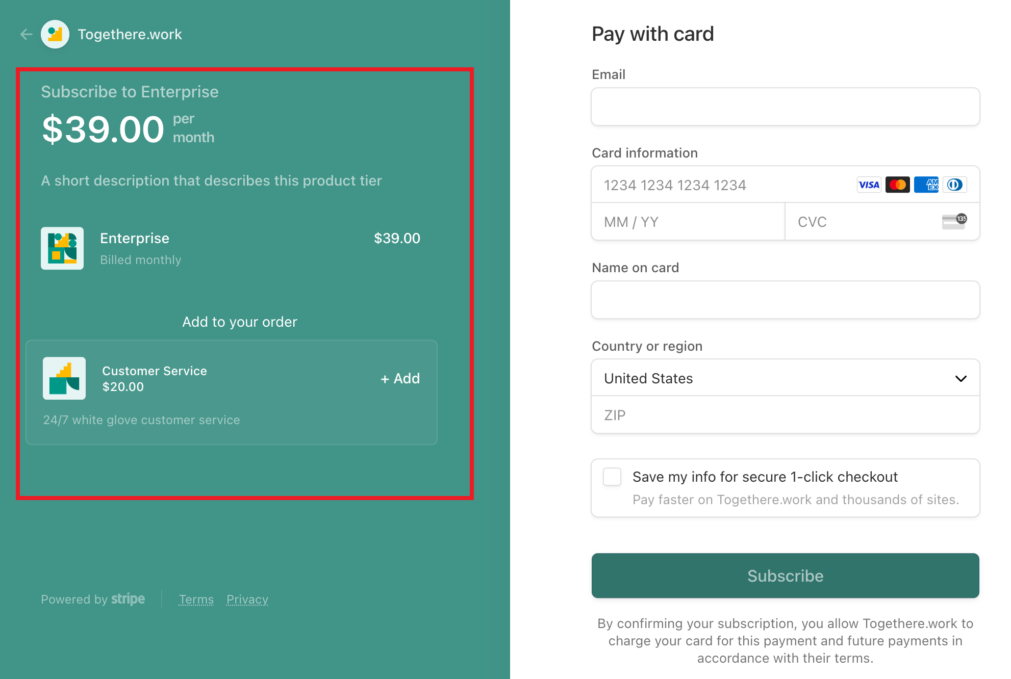 Checkout page with customer service add-on for 39 dollar plan