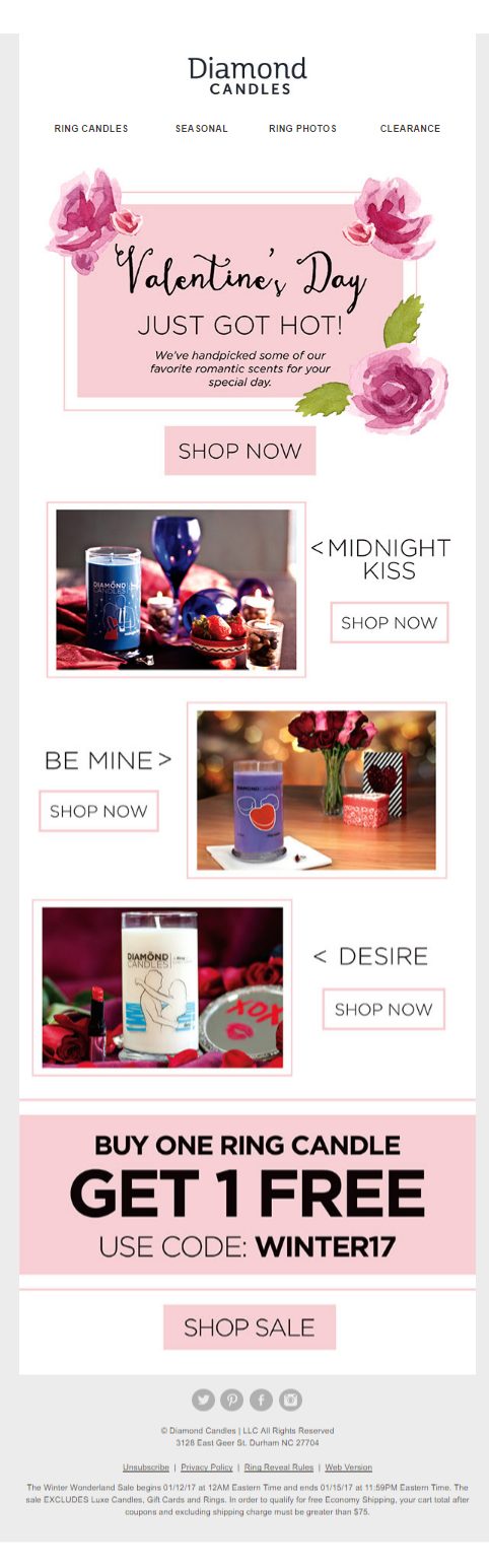 Diamond Candles inclusive Valentines email offering buy one ring candle get one free