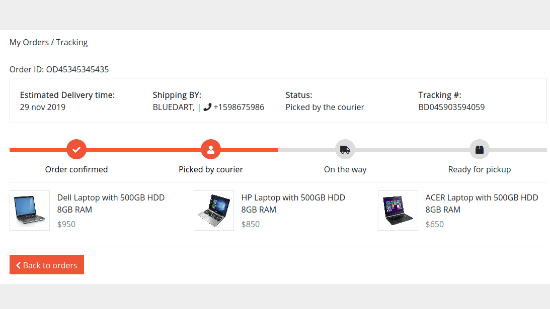 Order tracking page with laptop upsell options below status bar