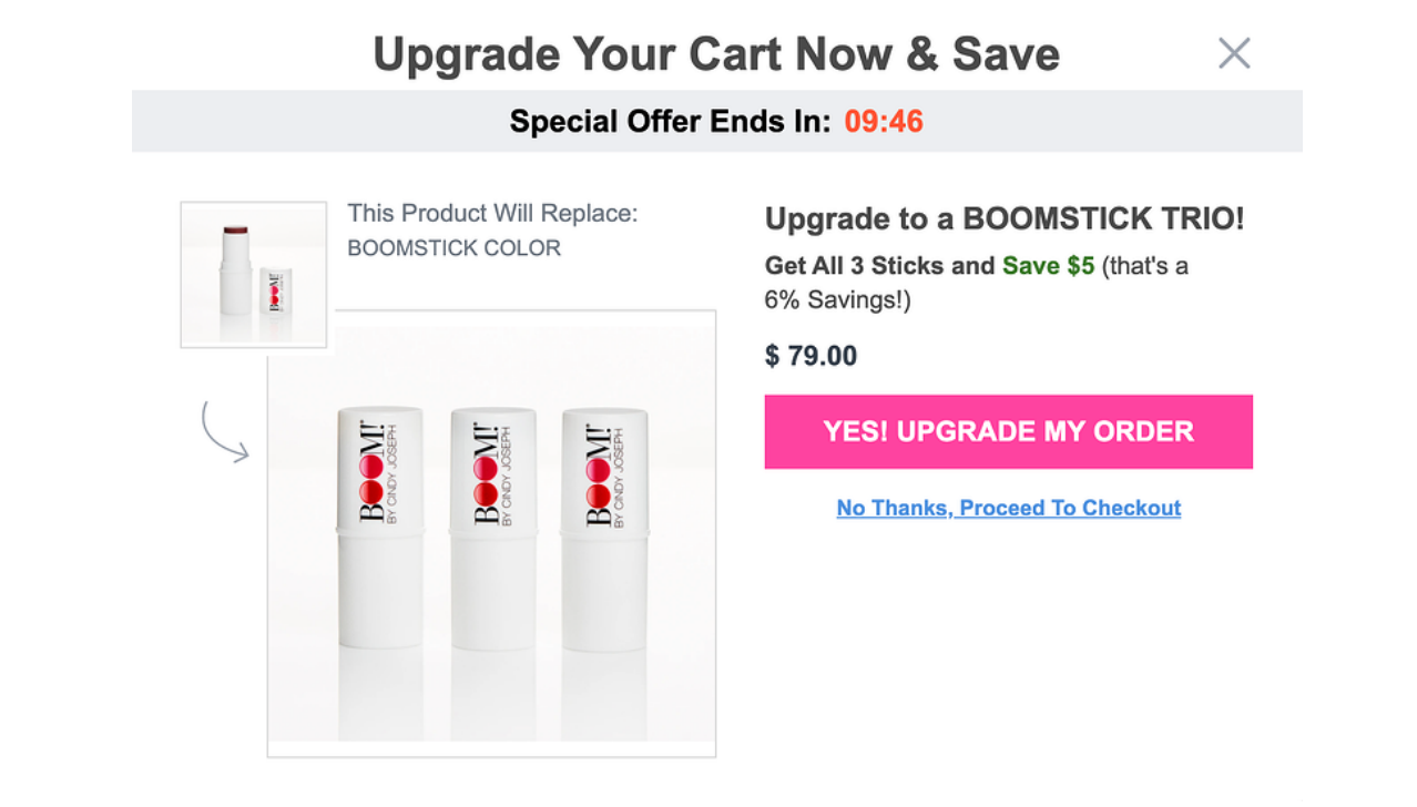 Boomstick pop-up offering upgrade to a trio and save 5 dollars
