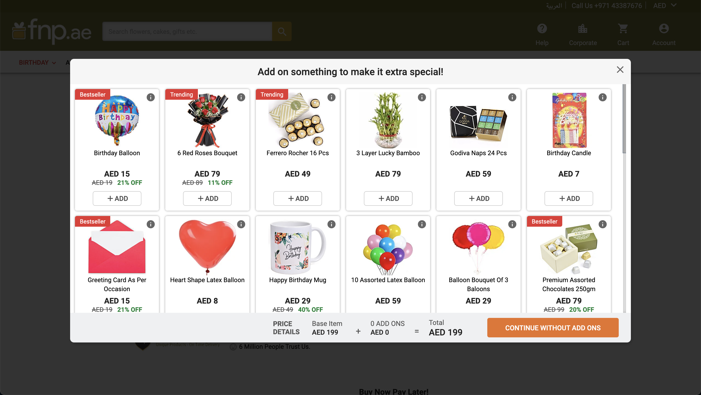 Add to cart pop-up with low priced gift add-ons