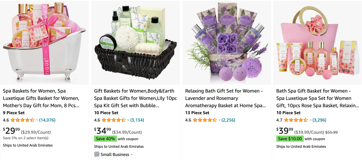 Spa gift basket bundles for women shown as marketplace listings with prices and ratings
