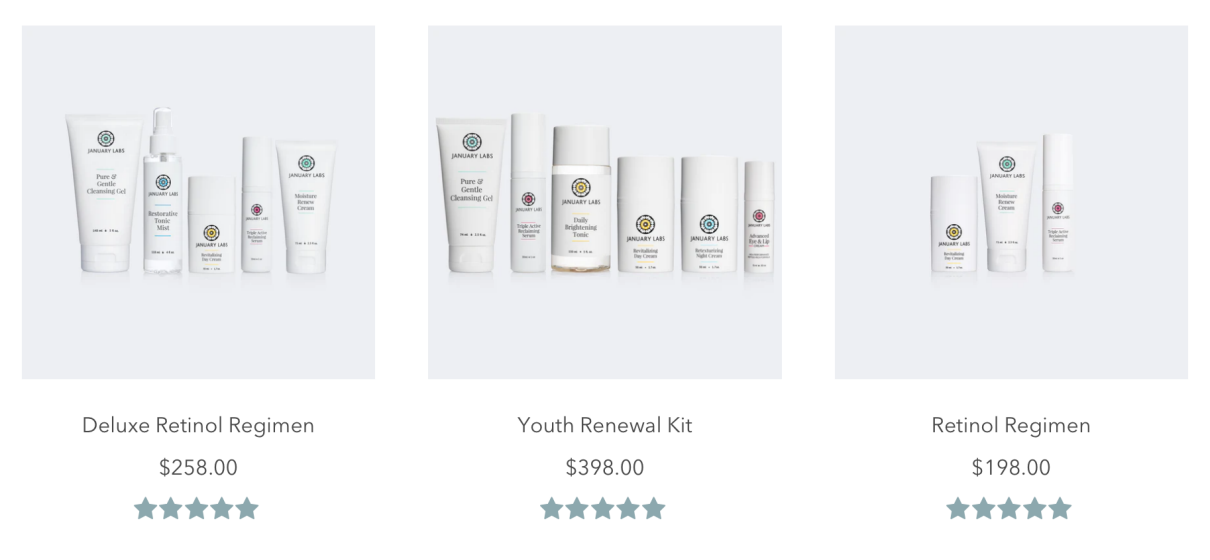 Skincare regimen bundles with prices of $258, $398 and $198