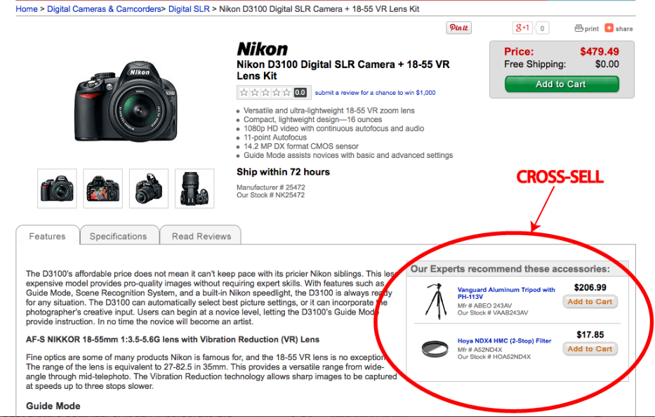 Nikon camera product page with recommended accessories as cross-sell