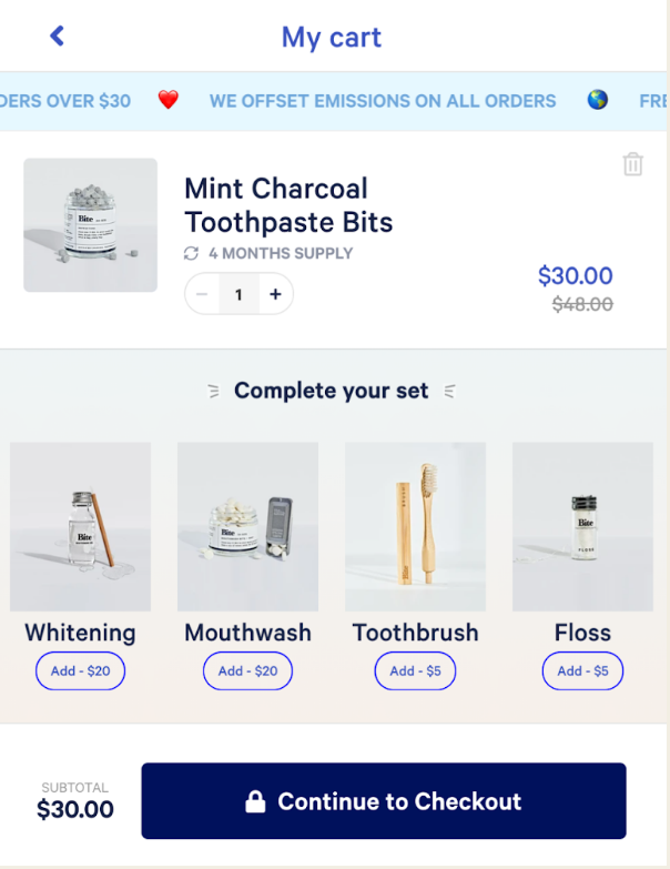 Cart with toothpaste bits and Complete your set add-ons