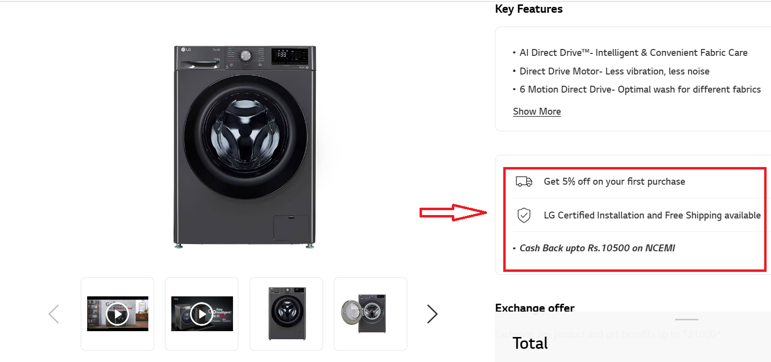 Washing machine product page with installation offer highlighted