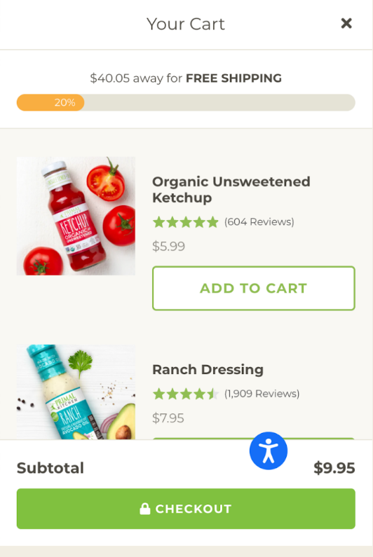 Cart drawer with a progress bar showing $40.05 away for free shipping