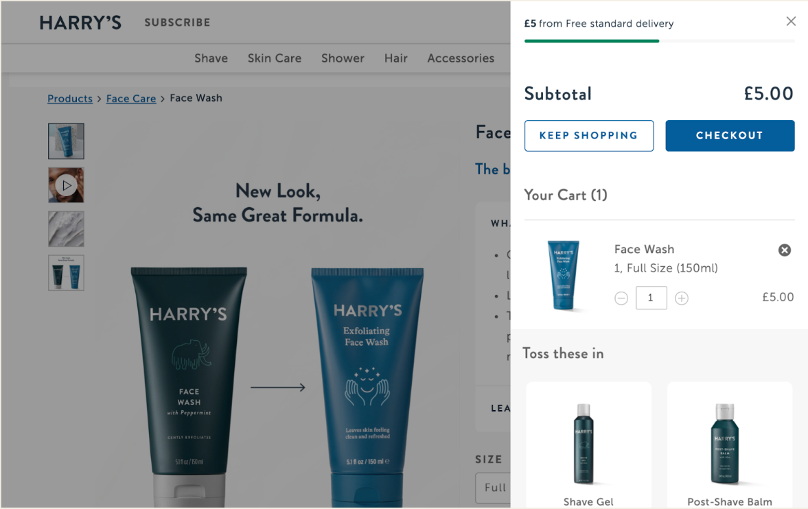 Harry's cart showing how far the shopper is from free standard delivery