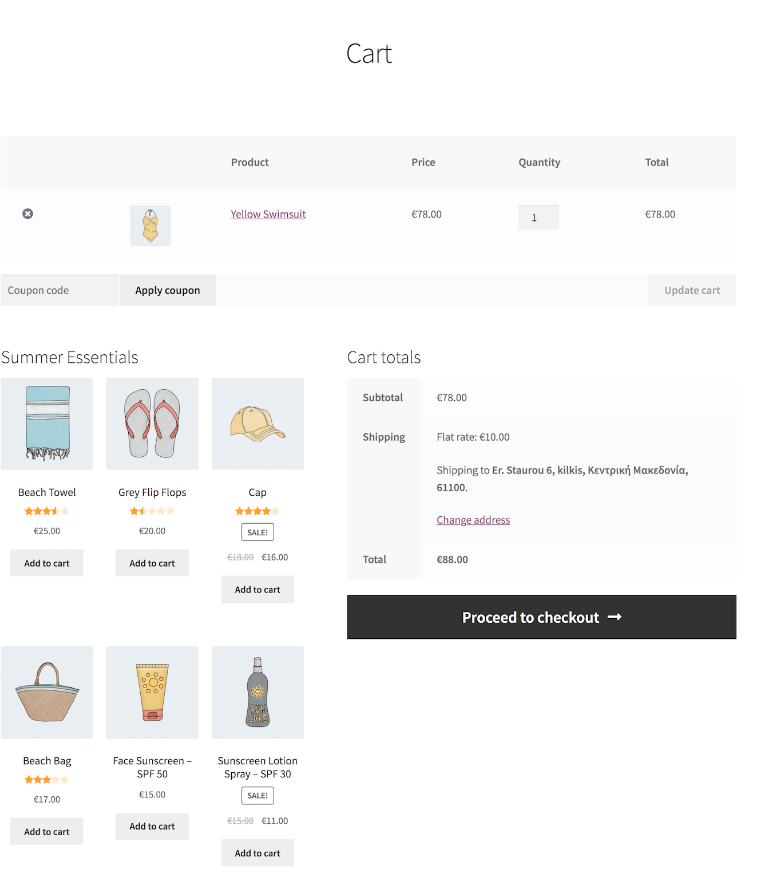 Cart page with Summer Essentials cross-sell products