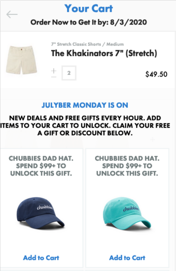 Chubbies cart offering a free dad hat on orders over 99 dollars