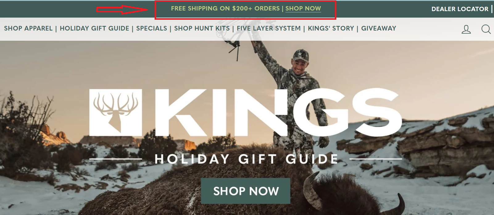 Kings site header strip offering free shipping on orders over a set amount