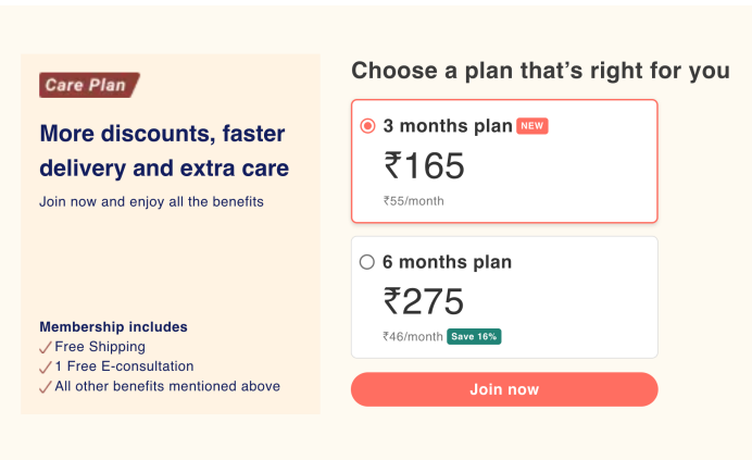 Membership plan choices of 3 months at 165 rupees and 6 months at 275 rupees