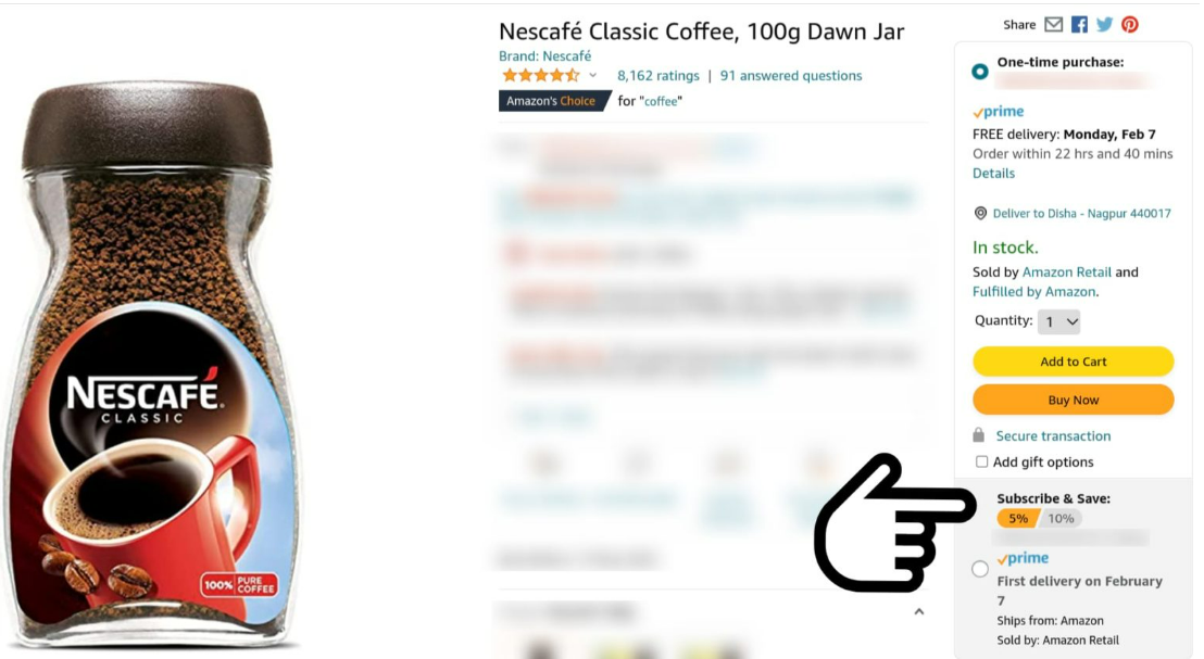 Amazon Nescafe product page highlighting the subscribe and save option