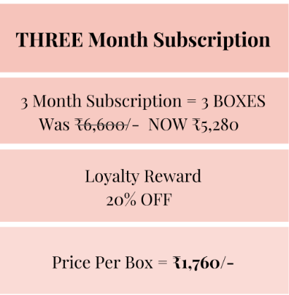 Three month subscription offer showing a loyalty reward of 20% off and price per box