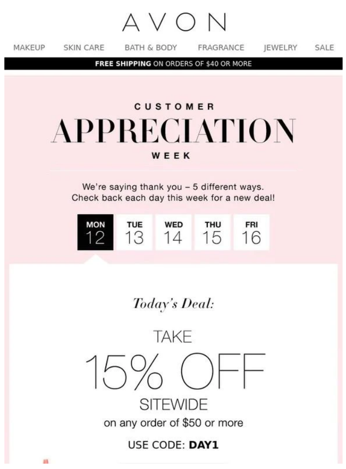 Avon Customer Appreciation Week email offering 15% off with code DAY1