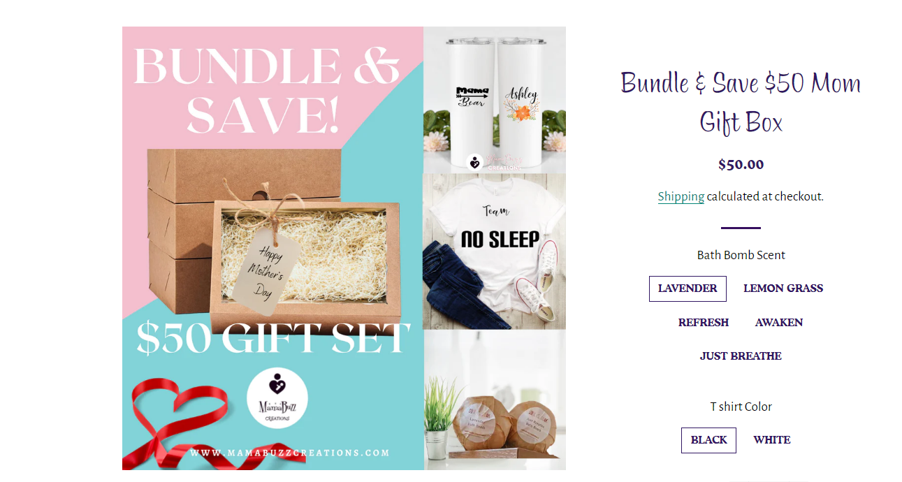 Mom gift box bundle at $50 shown with a price point gift set graphic