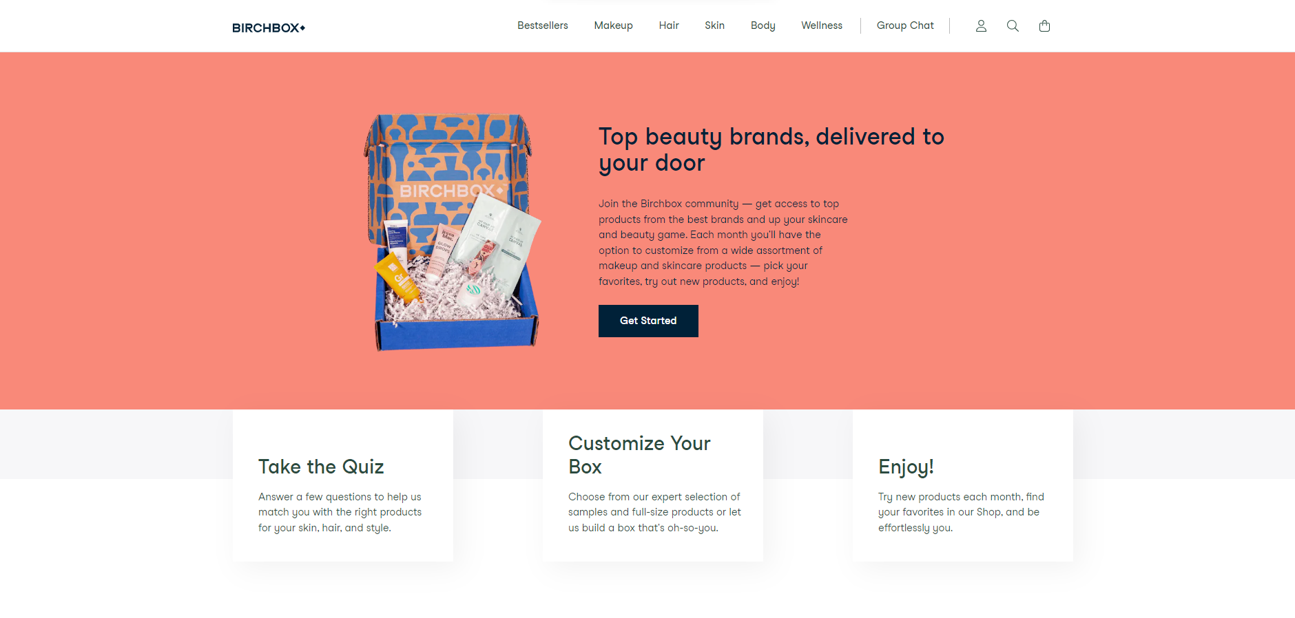 Birchbox page showing top beauty brands with take the quiz, customize and enjoy steps