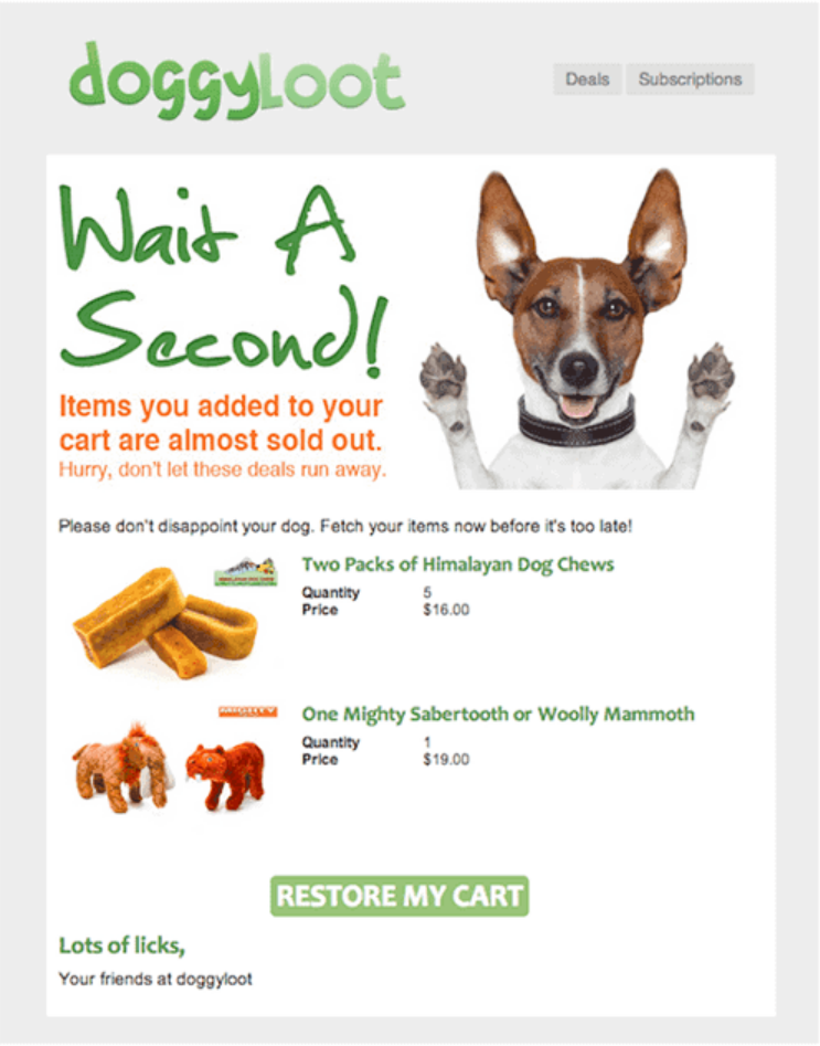 DoggyLoot cart email saying Wait A Second with a restore my cart button