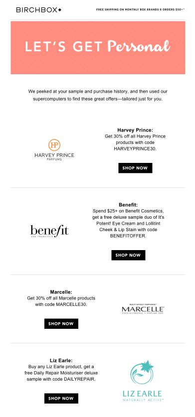 Birchbox personalized email letting subscribers choose sample offers from partner brands