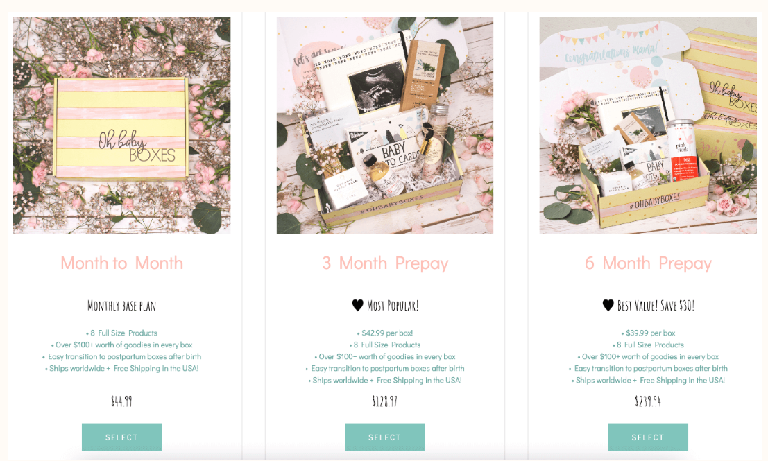 Baby box subscription plans for month to month, 3 month and 6 month prepay