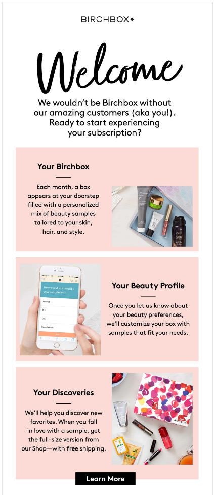Birchbox welcome email explaining the box, beauty profile and discoveries