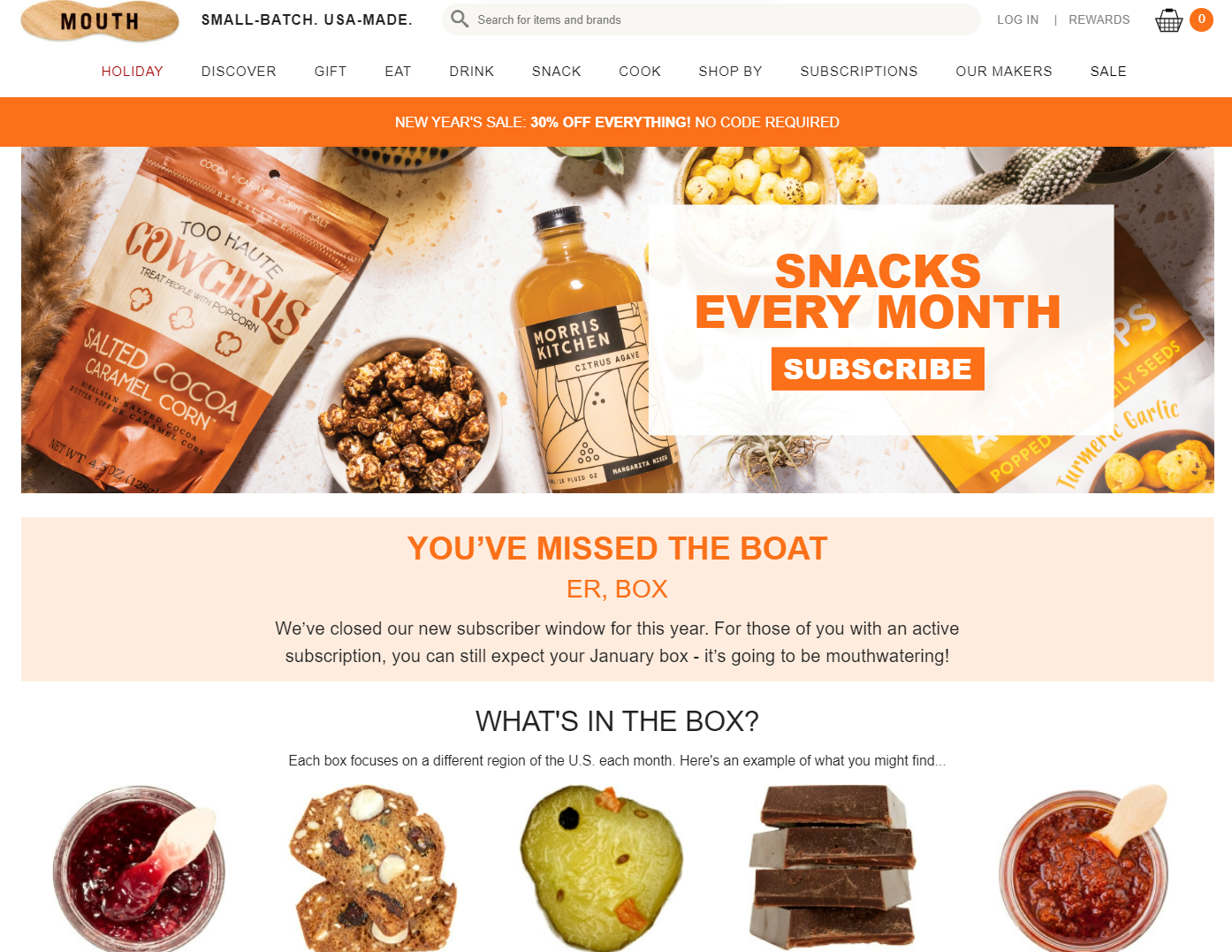 Mouth snacks every month subscription page with a New Year sale banner