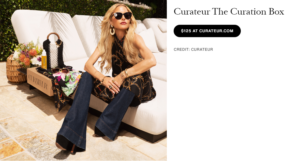 Curateur The Curation Box listing at $125 with a woman on a lounge chair