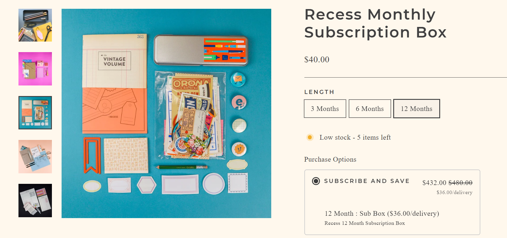 Recess monthly subscription box page with 4, 6 and 12 month length options